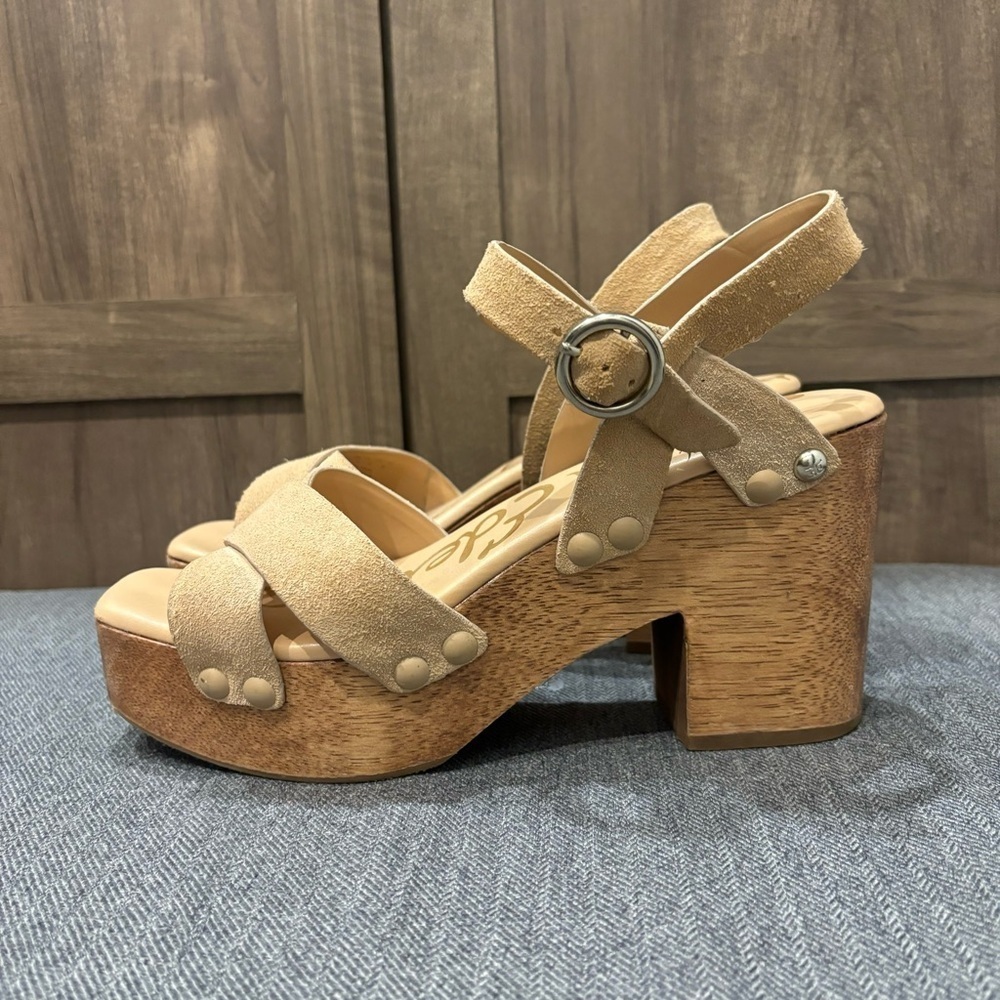 Sam Edelman 7 Josefine Sandals Block Wood Grain Heel Platform Beige Suede Boho